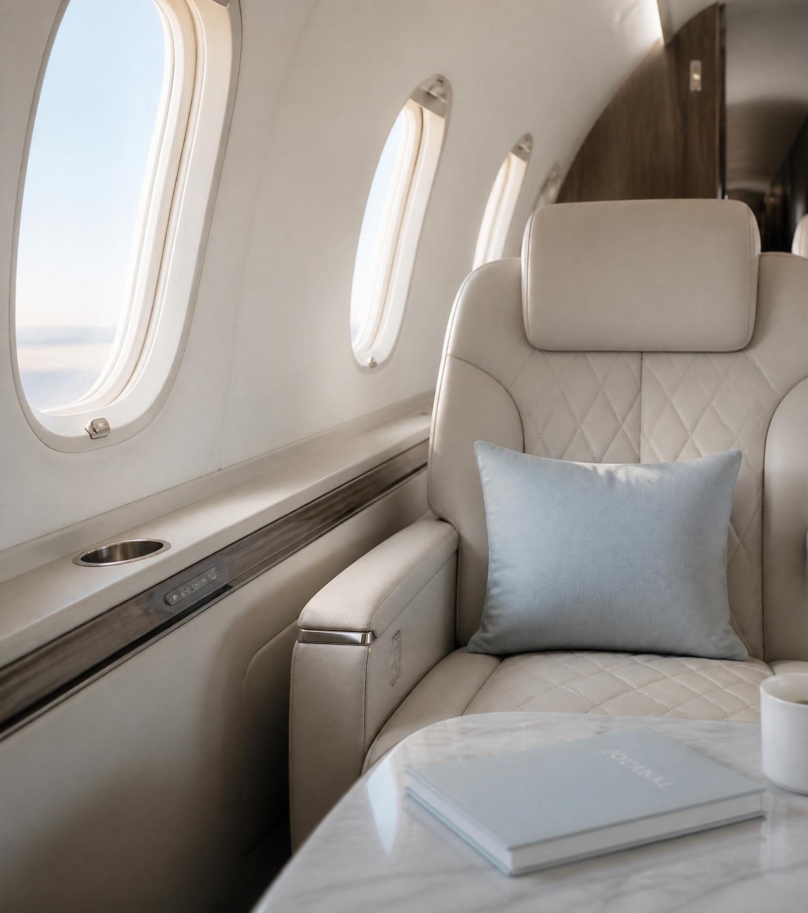 Interior of a private jet cabin with pale blue and cream tones