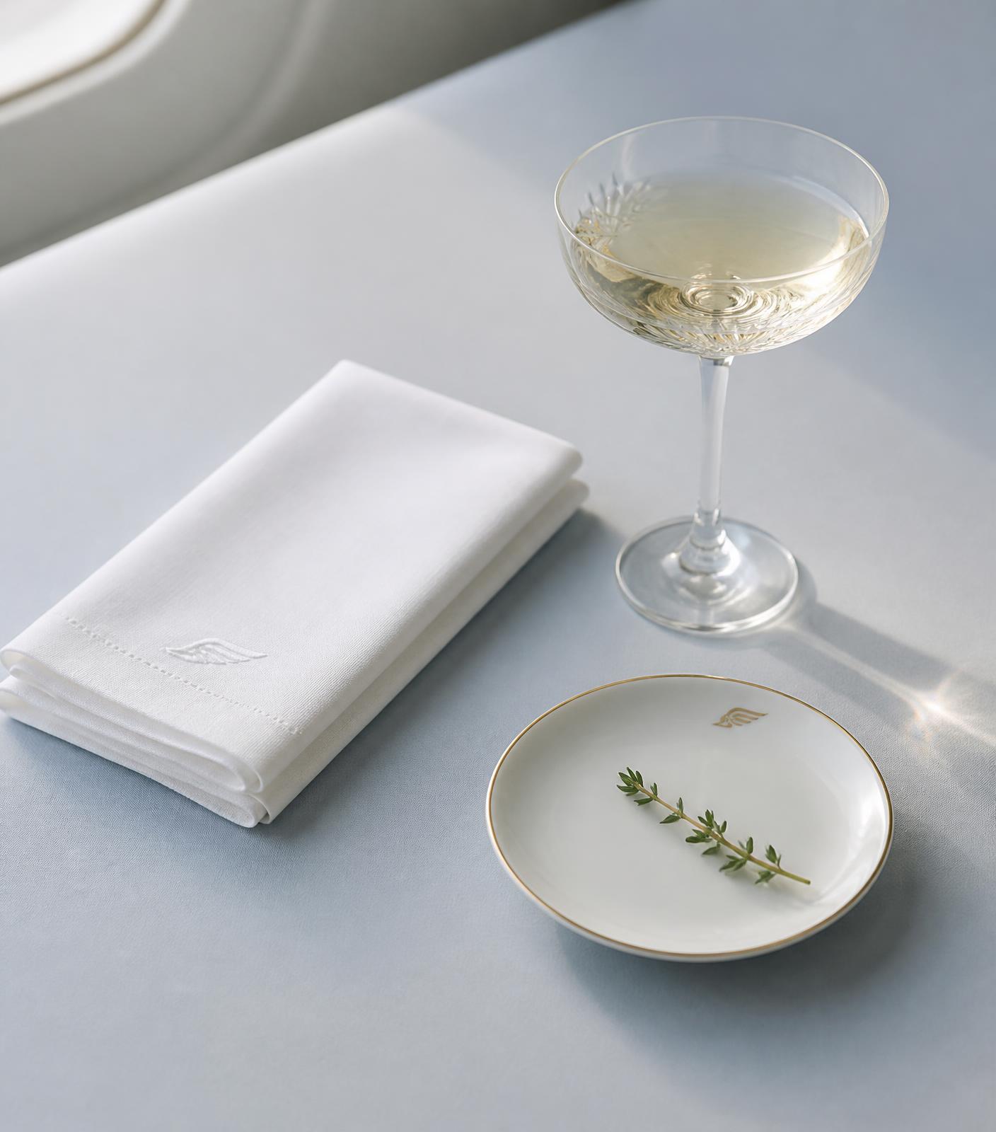 Champagne coupe, folded linen napkin and small porcelain plate on a pale blue surface